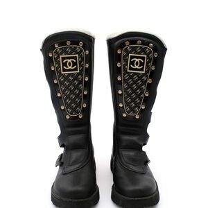 CHANEL Black Boots with Gold Detailing